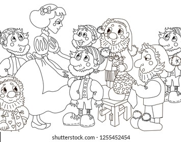 Snow White and the Seven Dwarfs. Page three. Fairy tale. Coloring book. Coloring page. Illustration for children. Funny cartoon characters