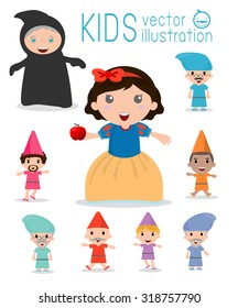 snow white and the seven dwarfs, Snow White, Princess and Dwarfs and witch, Vector Illustration.