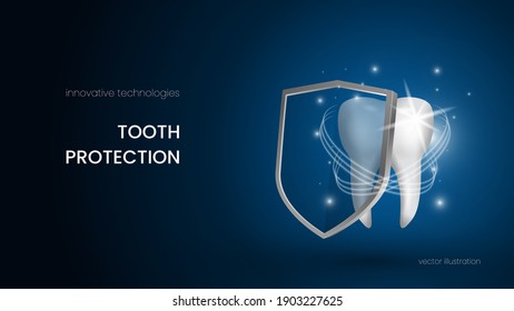 Snow white, sparkling tooth protects itself with a shield against dental diseases. Teeth protection concept for dental advertising on dark blue background. Realistic vector 3d model