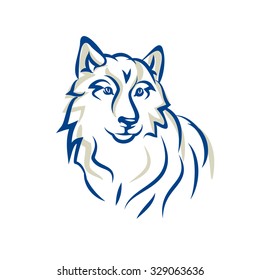 Snow white wolf, Malamute , Siberian husky , dog is kind and sympathetic, portrait on the shoulders or tattoo, image vector