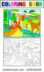 Snow White in the woods with animals. Tale, cartoon, color book black lines on a blank background. Vector illustration. Coloring, black and white