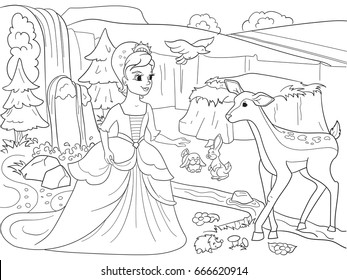 Snow White in the woods with animals. Tale, cartoon, coloring book black lines on a blank background. Vector illustration