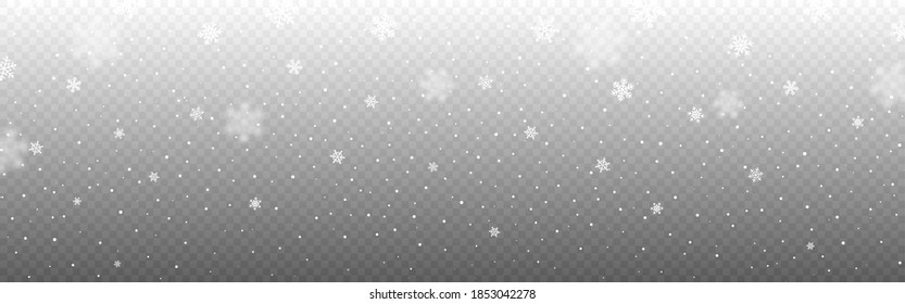 La textura ancha de nieve aislada sobre fondo transparente. Copos de nieve en caída realista. Plantilla de invierno para banner. textura navideña para publicidad. Flakes desenfocados. Ilustración vectorial.