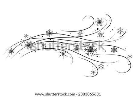 Snow wind doodle illustration. Flakes swirl blizzard. Wavy cold snowstorm. Vector wavy flow foe Christmas decoration.