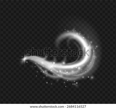 Snow wind, light curved and circular shining elements with round snowflakes or sparkles. Vector realistic icy and frosty air waves, magical swirling lines with flying shimmering particles