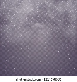 Snow and wind on a transparent background. Snow clouds or shrouds.  Christmas. Winter and snow with fog, snowfall. 