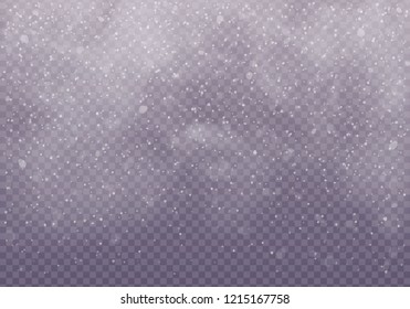 Snow and wind on a transparent background. Snow clouds or shrouds.  Christmas. Winter and snow with fog, snowfall. 