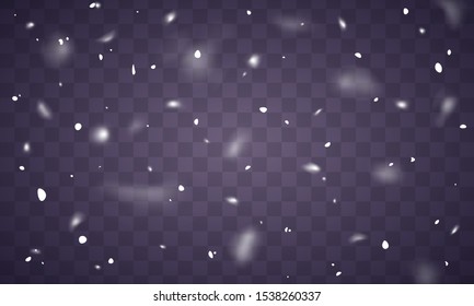 Snow and wind on a transparent background. Abstract blue bokeh background. Merry Christmas. Vector heavy snowfall