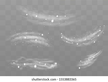 Schnee und Wind auf transparentem Hintergrund. Illustration eines weißen Schnee- und Windgradienten mit Schneeflocken. Dekoratives Element.Vektor. Nebel. Nebelvektor.