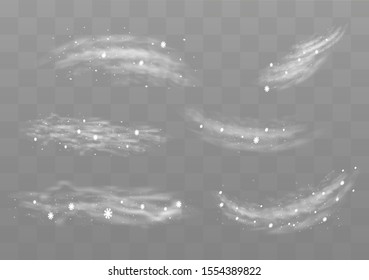 Snow and wind on a transparent background. Illustration of a white gradient of snow and wind with snowflakes. Decorative element.vector. fog. Fog vector.