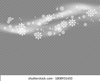 Nieve y viento sobre fondo transparente, invierno y niebla, efecto de la luz de la ola de invierno fría, nublado blanco, niebla o viento de nieve para promoción, ilustración vectorial. 