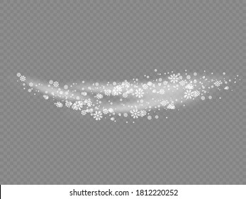 Snow and wind on a transparent background, winter and fog, cold winter wave light effect, white cloudiness, mist or snow whirlwind for promo, vector illustration. 