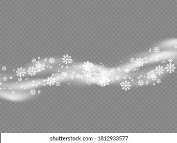 Snow and wind on a transparent background, winter and fog, cold winter wave light effect. white cloudiness, mist or snow whirlwind for promo, vector illustration. 