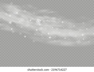 Schnee und Wind auf transparentem Hintergrund. Winter und Schnee mit Nebel. Wind und Nebel. Weißer Farbverlauf-Dekorationselement. Vektorgrafik.