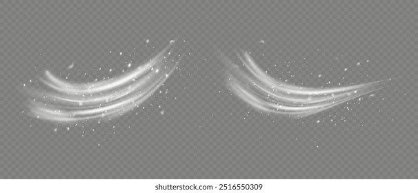 Nieve y viento sobre un fondo transparente. Gradiente blanco. Invierno y nieve con niebla. Viento y niebla. Flujo de aire, humos blancos o efecto de movimiento de brisa fría, aislado sobre un fondo transparente.