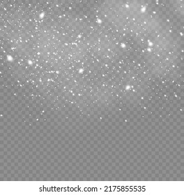 Snow and wind. Vector heavy snowfall, snowflakes in various shapes and forms. Many white cold flakes elements on a transparent background. White snowflakes are flying in the air. snow background.