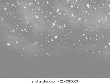 Snow and wind. Vector heavy snowfall, snowflakes in various shapes and forms. Many white cold flakes elements on a transparent background. White snowflakes are flying in the air. snow background.