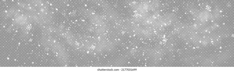 Snow and wind. Vector heavy snowfall, snowflakes in various shapes and forms. Many white cold flakes elements on a transparent background. White snowflakes are flying in the air. snow background.
