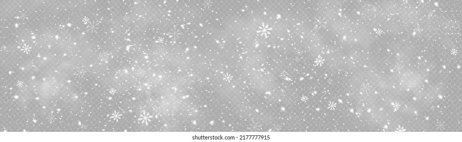 Snow and wind. Vector heavy snowfall, snowflakes in various shapes and forms. Many white cold flakes elements on a transparent background. White snowflakes are flying in the air. snow background.