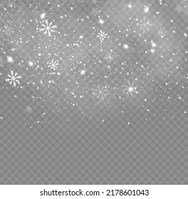 Snow and wind. Vector heavy snowfall, snowflakes in various shapes and forms. Many white cold flakes elements on a transparent background. White snowflakes are flying in the air. snow background.
