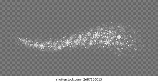 Snow wind wave with transparent snowflakes, curl and flakes