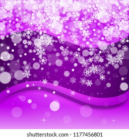 Snow window with ultra violet snowflakes. New Year frosty backdrop. Winter frame for gift coupons, vouchers, ads, party events. Christmas trendy background. Holiday banner with snow window