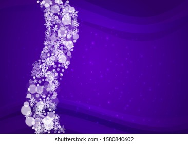 Snow window with ultra violet snowflakes. New Year snowy backdrop. Winter border for gift coupons, vouchers, ads, party events. Christmas trendy background. Holiday banner with snow window