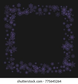 Snow window with ultra violet snowflakes. Winter border for flyer, gift card, invitation, business offer and ad. Christmas trendy background. Banner with snow window. New Year snowy backdrop