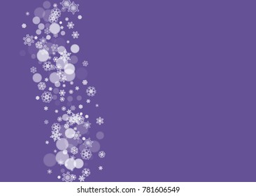 Snow window with ultra violet snowflakes. New Year snowy backdrop. Winter border for flyer, gift card, party invite, retail offer and ad. Christmas trendy background. Holiday banner with snow window