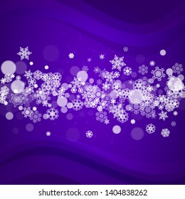 Snow window with ultraviolet snowflakes. New Year snowy backdrop. Winter frame for flyer, gift card, party invite, retail offer and ad. Christmas trendy background. Holiday banner with snow window