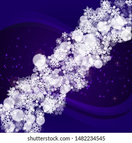 Snow window with ultraviolet snowflakes. New Year frosty backdrop. Winter frame for flyer, gift card, invitation, business offer and ad. Christmas trendy background. Holiday banner with snow window