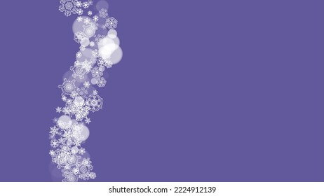 Snow window with ultraviolet snowflakes. New Year backdrop. Winter frame for flyer, gift card, party invite, retail offer and ad. Christmas trendy background. Holiday frosty banner with snow window