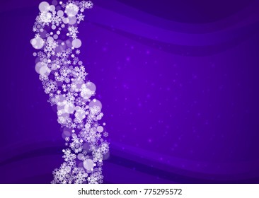 Snow window with ultraviolet snowflakes. New Year snowy backdrop. Winter border for gift coupons, vouchers, ads, party events. Christmas trendy background. Holiday banner with snow window