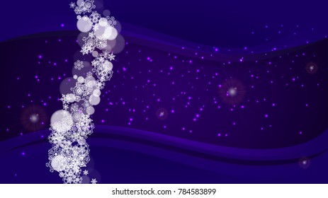Snow window with ultraviolet snowflakes. New Year backdrop. Winter frame for gift coupons, vouchers, ads, party events. Christmas trendy background. Holiday frosty banner with snow window