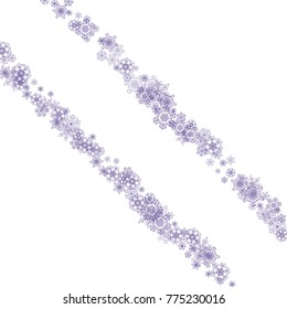 Snow window with ultraviolet snowflakes. Winter frame for flyer, gift card, party invite, retail offer and ad. Christmas trendy background. Banner with snow window. New Year snowy backdrop
