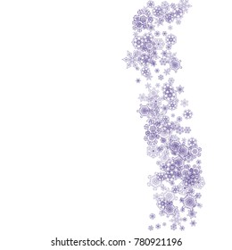 Snow window with ultraviolet snowflakes. Winter frame for gift coupons, vouchers, ads, party events. Christmas trendy background. Banner with snow window. New Year snowy backdrop