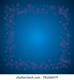 Snow window with ultraviolet snowflakes. Winter frame for gift coupons, vouchers, ads, party events. Christmas trendy background. Banner with snow window. New Year snowy backdrop