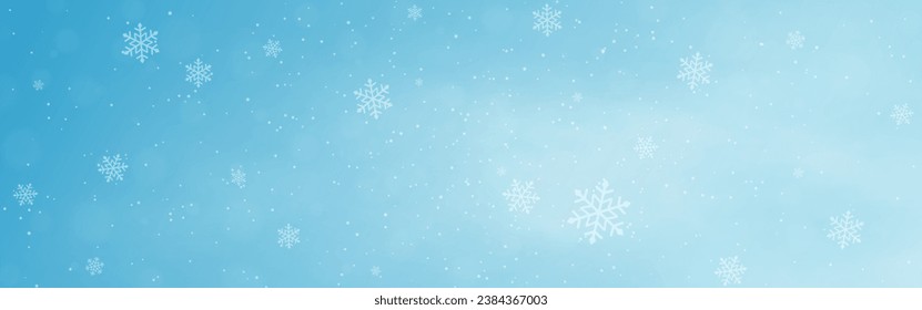 Snow winter background. Snowfall with white flakes. Blue Christmas texture with falling snow. Flying ice particles. Frozen effect template. Wide snowy wallpaper. Vector illustration.