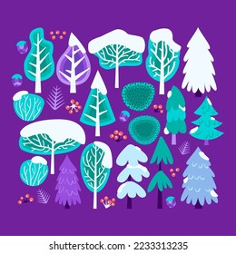 Snow Winter Christmas Tree Set. Vector Illustration of Nature Plants and Bushes.