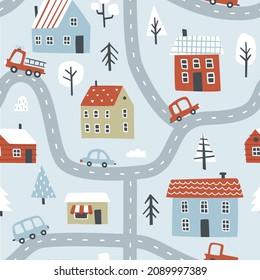 Snow winter city map pattern with hoses, cars, road, trees. Christmas town street seamless print for fabric, textile, wrapping paper, apparel, nursery.