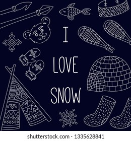 Snow winter eskimo north vector doodle icons set