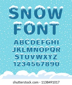 Snow winter font. Snowy assortment, set of northern characters and figures, cold season decoration. Vector illustration alphabet on blue background