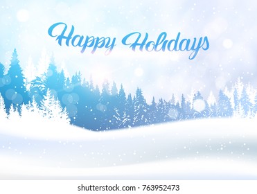 Snow Winter Forest Landscape With Happy Holidays Lettering White Snowy Pine Tree Woods Background Flat Vector Illustration