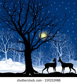 Snow winter forest landscape with two deers. Abstract vector illustration of winter forest. 