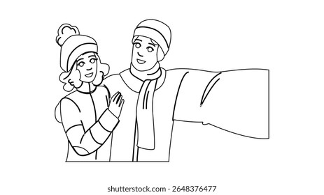 snow winter hike vector. cold nature, mountain travel, lifestyle man snow winter hike character. people black line pencil drawing illustration