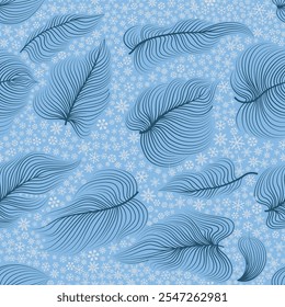 Snow winter holiday background. Nature texture with snowflakes and line drawn leaves. Retro Merry Christmas snowfall greeting card design over blue sky background.