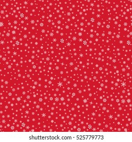 Snow Winter Holiday Background. Snowflakes Texture. Snow Falling On Red Background. Gentle Seamless Pattern. Christmas Snowfall Icon Ornament.