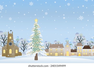 Ilustración vectorial de diseño de color 3d del paisaje de invierno de nieve. Estilo de caricatura del paisaje de fondo navideño.