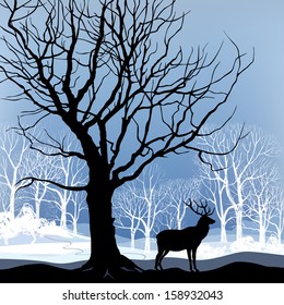 Snow winter landscape with deer. Abstract vector illustration of winter forest. 