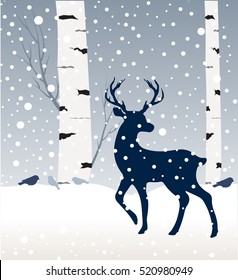 Snow winter landscape with deer,birds and  birch tree